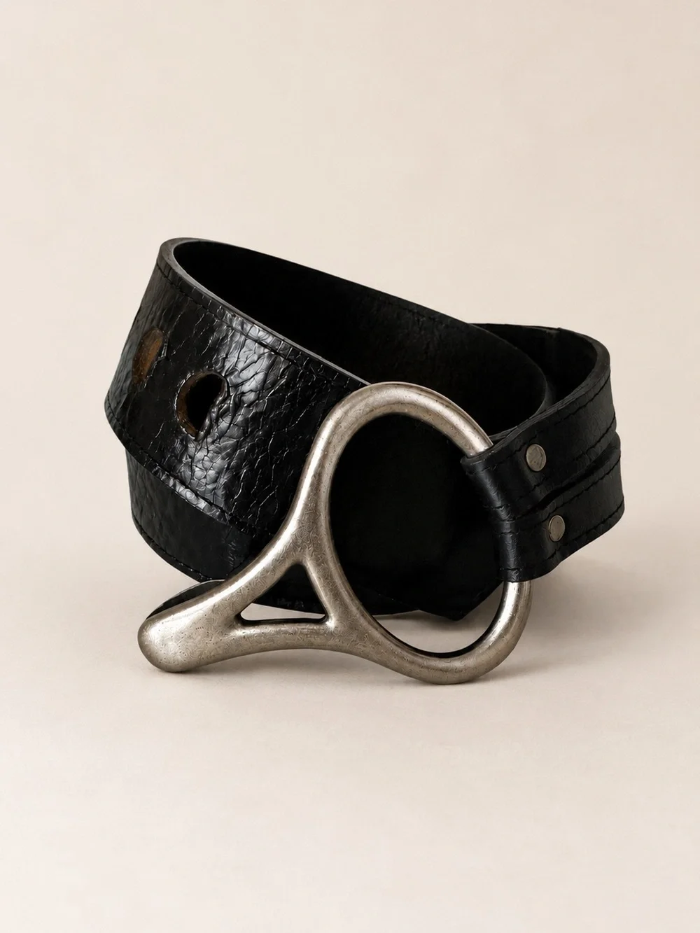 Beltshak Genuine Leather Black Statement Belt Sculptural Silver Buckle L